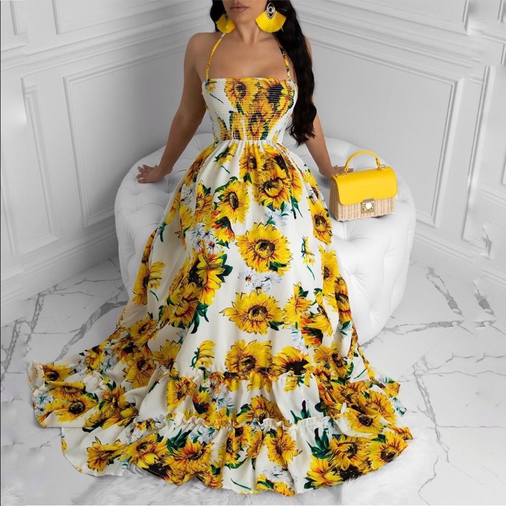Sunflower Open Back Maxi Dress Sleeveless Sundress - Picture 8 of 8